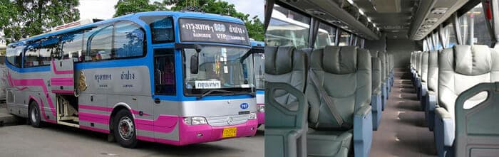 Exterior and interior view of a luxury VIP bus in Thailand, with 2+1 seats per row, providing more space for passengers.