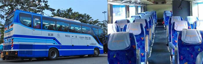 Outside and inside view of a modern express bus in Thailand with 2+2 seats in a row.